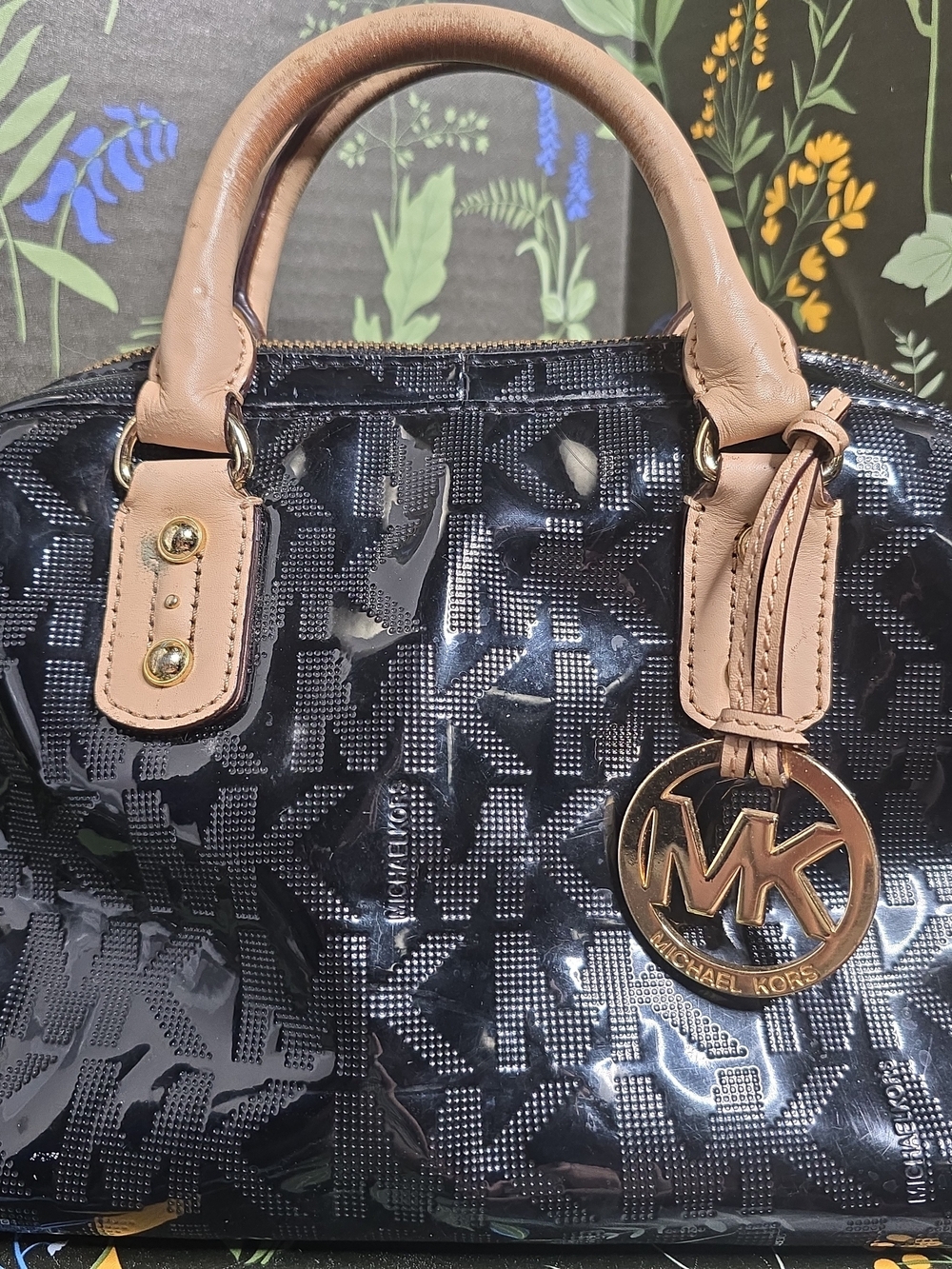 Used Michael Kors Black Patent Satchel with Nude Trim